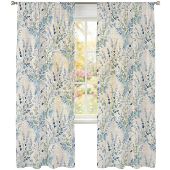Blue Flower Sheer Curtains 84 Inch Long 2 Panels Summer Country Blue Lavender Linen Texture Light Filtering Rod Pocket Curtains, Sheer Voile Drapes for Living Room Bedroom 52"x84"