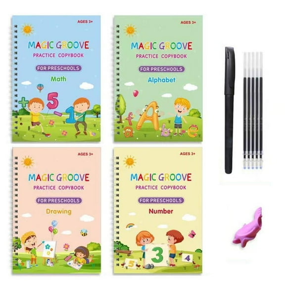 QHUDLV 4 Pack Groove Learning Books, Magic Writting Practice Copybook, Reusable Grooved Handwriting Workbooks, Writing Book for Age 3-5 Calligraphy