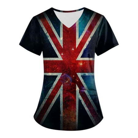 

Women Scrubs Top Short Sleeve V-Neck Printed Working Tshirts Tee Tops With Pockets Uniform Nurses Clothing Workwear