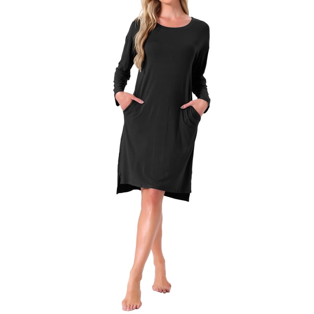 INSPIRAR CHIC Vestido de Noche para Mujeres de Manga Larga con Abertura Alta Baja de Rayón con Sujetador Incorporado y Bolsillos Ropa de Dormir Embarazo L Negro