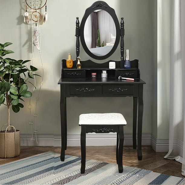 Black Vanity Table Set With Oval Mirror 4 Drawers Dressing Cushioned Stool Com Black Vanity Table Set With Oval Mirror, Vanity Desk Combo Black And Decker