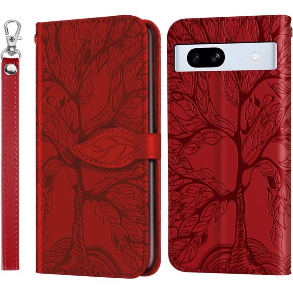 Compatible with Google Pixel 8a Wallet Case, Google Pixel 8a Case Leather with Strap Card Holder Magnetic Kickstand Shockproof Case for Google Pixel 8a Life Tree Red