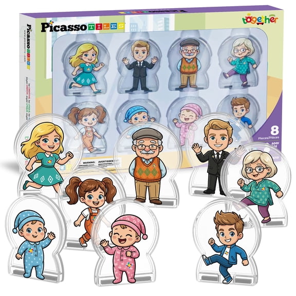 PicassoTiles 8pc Family Character Action Figures Set – Magnetic Tiles Building Blocks Accessories, STEM Educational Pretend Play Toy, Compatible Construction Sets for Kids 3