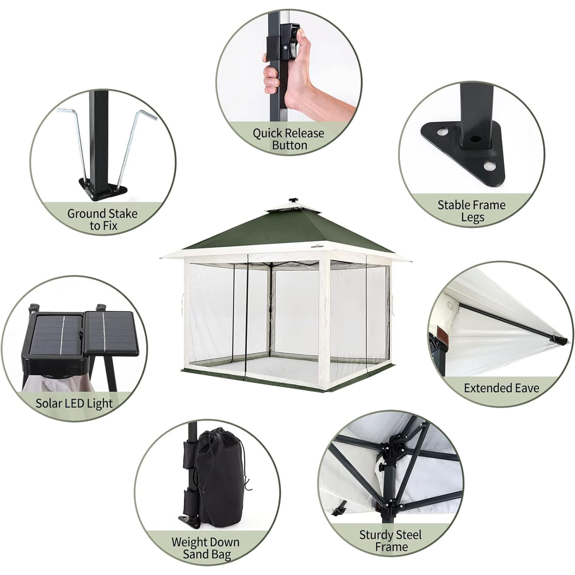 Suntime 12x12 Instant Pop Up Gazebo Canopy Tent Shelter with Solar LED Lights, Zippered Mesh Mosquito Netting, Wheeled Roller Carry Bag, Bonus Weight