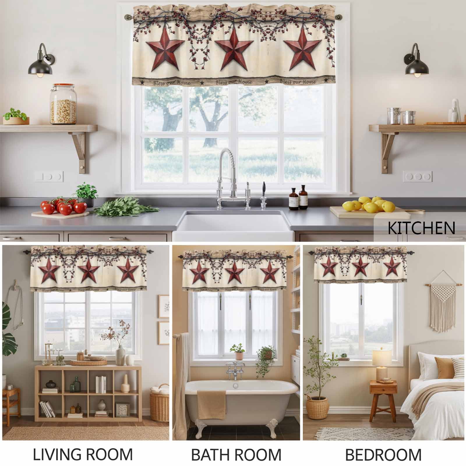 2 Pack Farmhouse American Valance for Window Country Star Berries Vintage Wood Grain Kitchen Valance Rod Pocket Short Curtain Topper Decorative Window Treatment for Living Room Bedroom 60"x18"