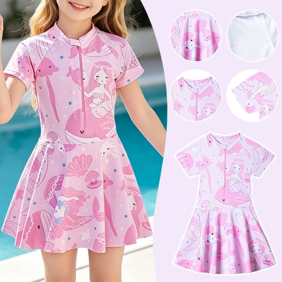 Toddler Girl Swimsuit Mermaid Print Crew Neck Front Zip Short Sleeve One Piece Swim Dress Beach Vacation Toddler Bathing Suit Girl Pink 7 Years-8 Years