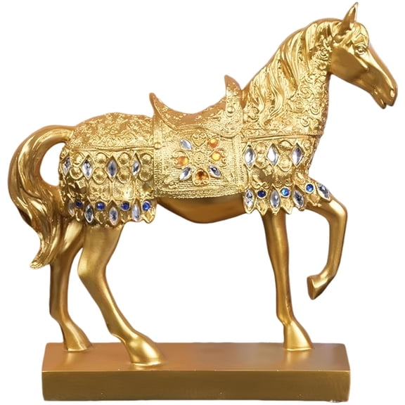 Elegant Gold Horse Statue, Resin Horse Figurines Home Decor with Ornate Saddle and Gemstone Accents, Luxury Equine Sculpture for Living Room Office Wine Cabinet, 10.2 in / 26 cm