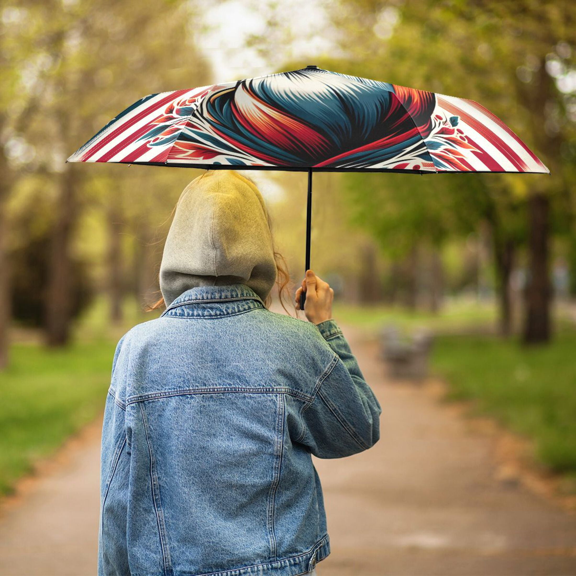 Beautiful Deer with American Flag Compact Sun Umbrella Windproof Travel Umbrellas for Rain Strong Portable UV Protection