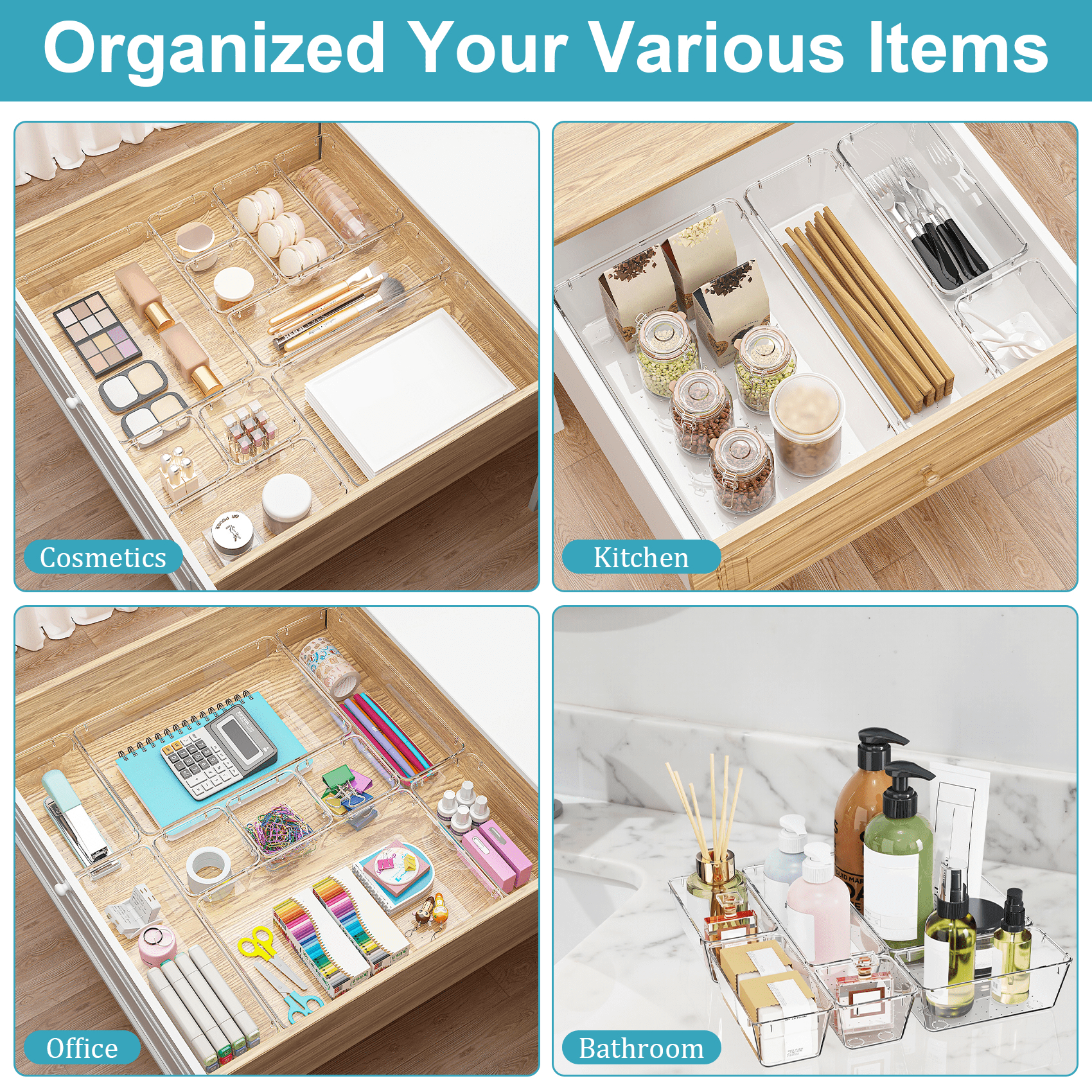 28 PCS Clear Plastic Stackable Drawer Organizer Bins, Multi-Size Drawer Vanity Organizers for Cosmetics, Jewelry Home Storage