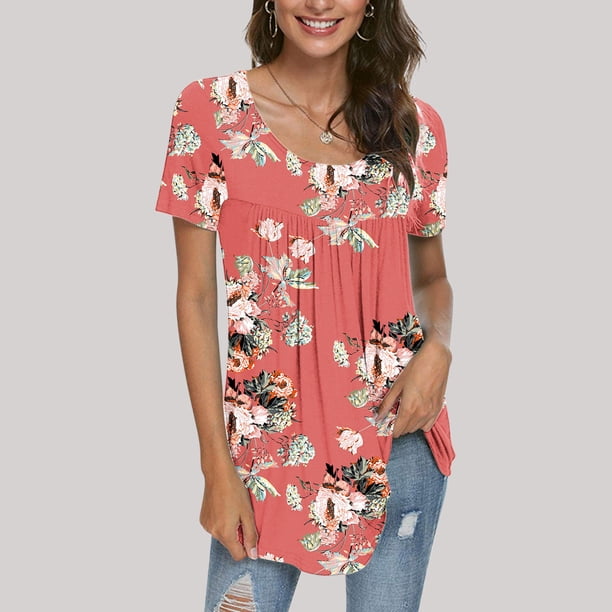 Fiudx Camisas para Mujer Blusa Holgada de Manga Corta con Cuello Redondo Informal Estampada a La Moda para Mujer