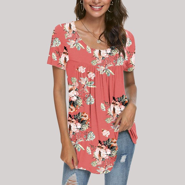 Fiudx Tops para Mujer Blusa Holgada de Manga Corta con Cuello Redondo Informal Estampada a La Moda para Mujer