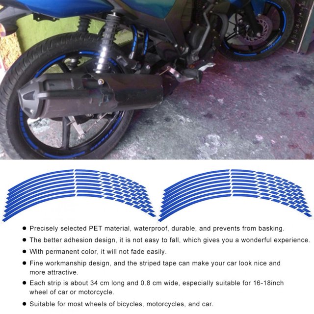 Cinta adhesiva de 16 piezas para motocicleta Cinta adhesiva de tira reflectante para rueda de 16-18 pulgadas(Azul) Spptty modificación de coche