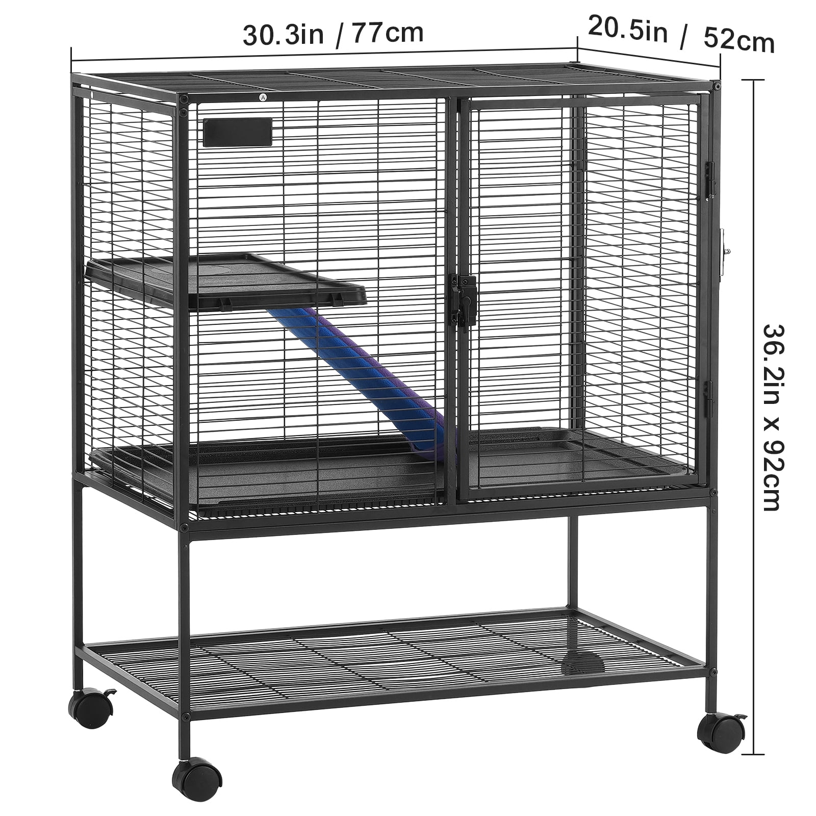 KFFKFF 36" Mobile Ferret Metal Enclosure, Spacious 2-Level Animal Cage with Wheels, Small Animal Critter House Habitat with Ramps & Tray, for Hamsters, Guinea Pigs, Chinchillas, Squirrels, Hedgehogs