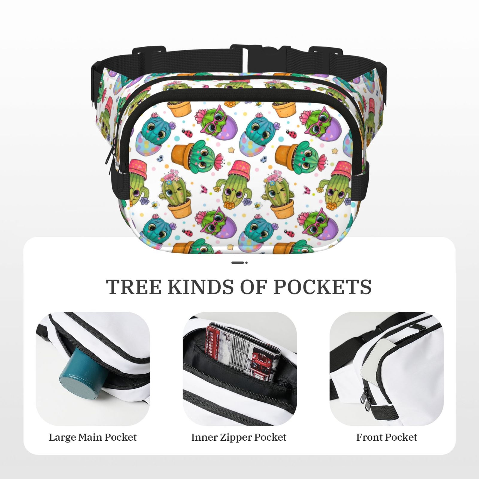 Picia Cactus And Insects Print Square Double-Layer Waist Bag Mini Adjustable Waist Belt Bag Exercise Running Travel Hiking