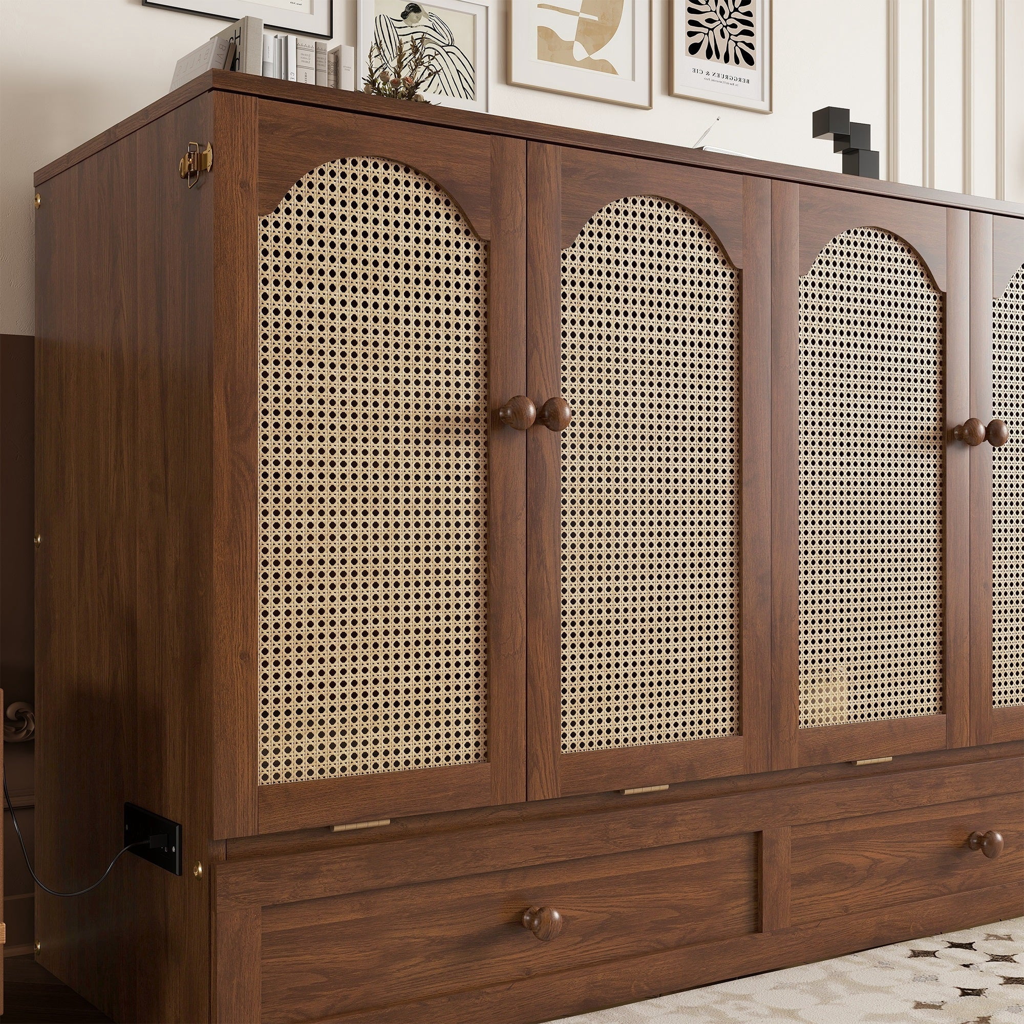 Sailvan Queen Size Murphy Bed, Pine Wood Cabinet Bed with Power Station & Rattan Decoration Panel