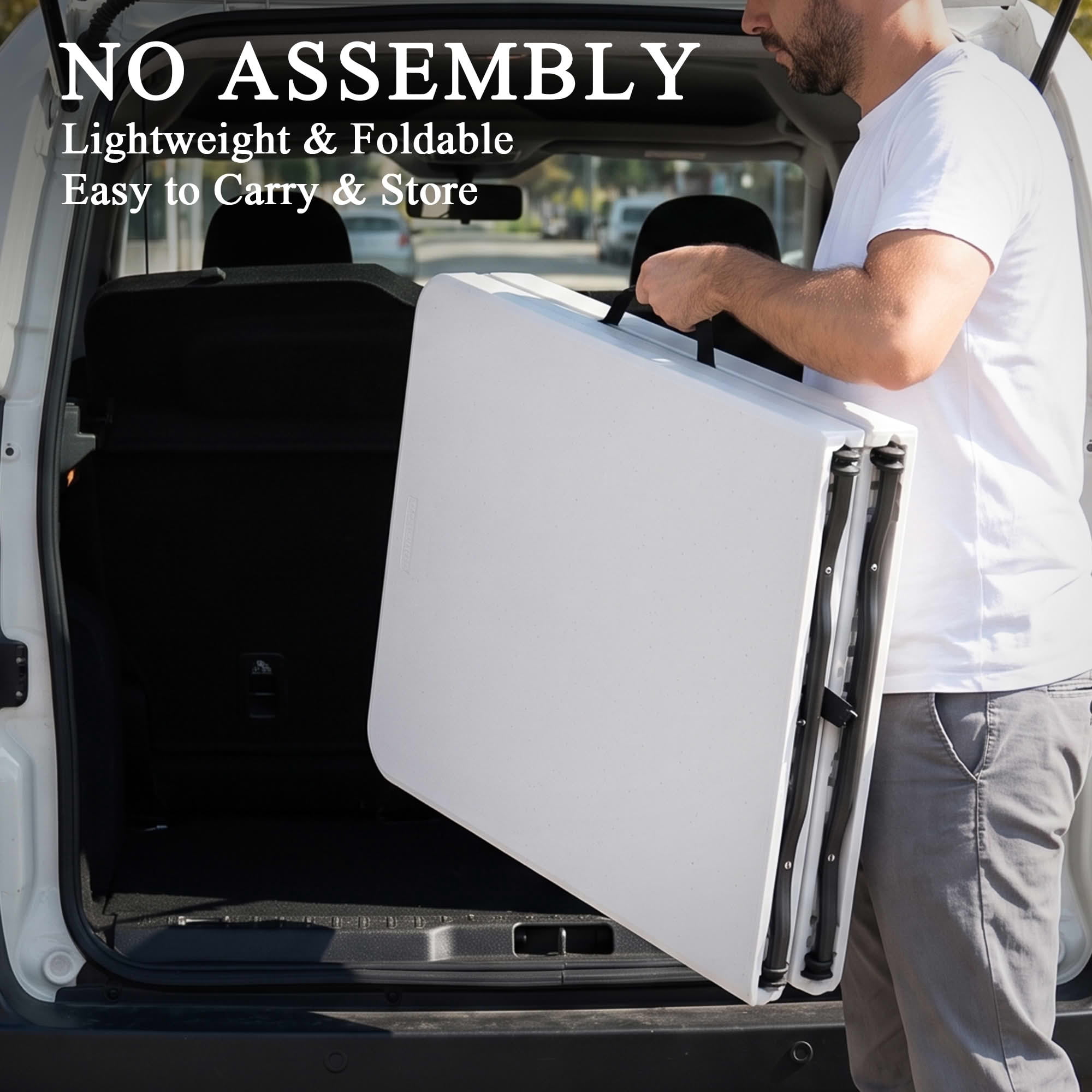 MAYEERTY 6FT White HDPE Fold-in-Half Folding Table, 507LB Capacity Powder Coated Steel Frame UV Water Resistant Portable Table
