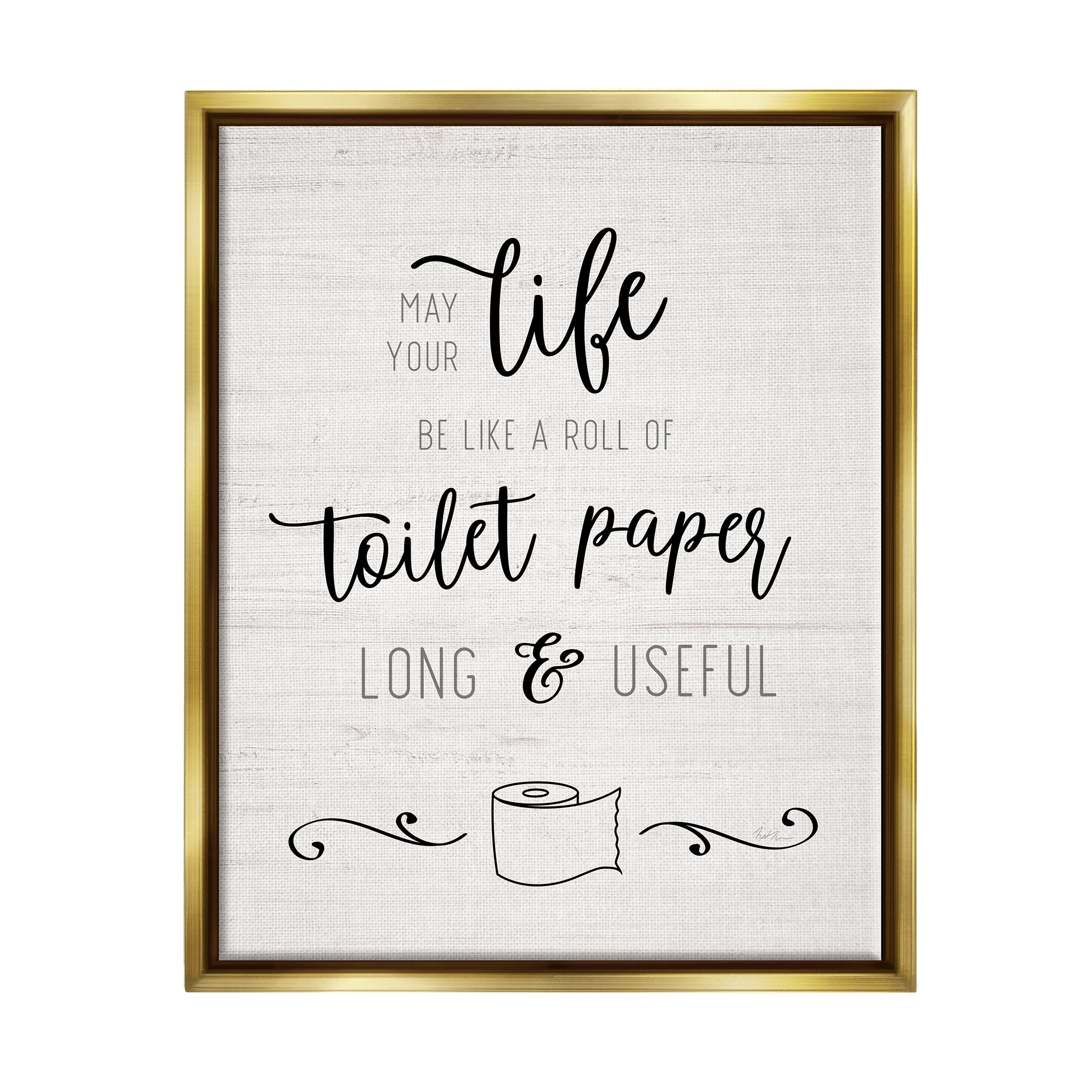 Stupell Industries Life Like Toilet Paper Roll Long and Useful Phrase Metallic Gold Framed Floating Canvas Wall Art, 24x30, by Natalie Carpentieri