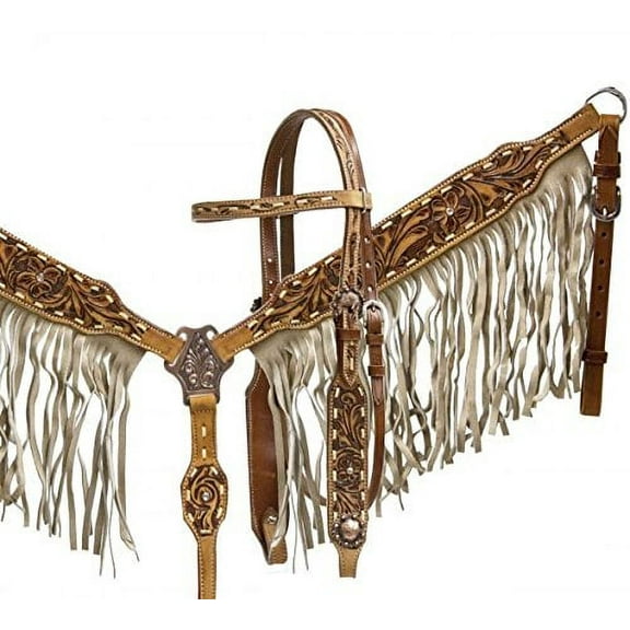 Showman Leather Headstall & Breast Collar Set w/ Suede Fringe & Floral Tooling