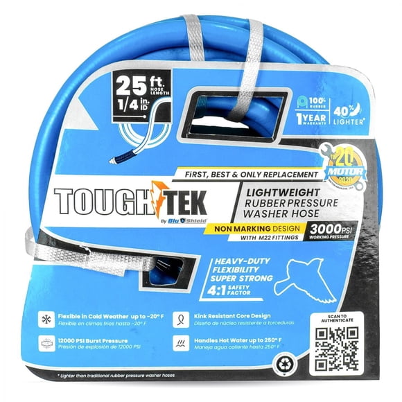 Blu Shield Tough-Tek Replacement Pressure Washer Rubber Hose 1/4" x 25', M22 Fittings, 3100 PSI, Non Marking, Hot/ Cold Replacement for Ryobi, Troy Bilt, Greenworks, CRAFTSMAN
