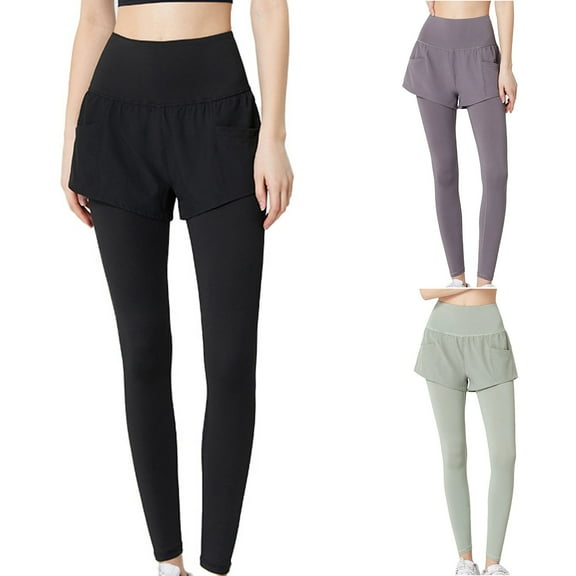 Aboser Women's Sports Yoga Leggings Plus Size High Waist Splicing Pants with Shorts Workout Gym Athletic Tights Tummy Control Attached 2 in 1 Trousers