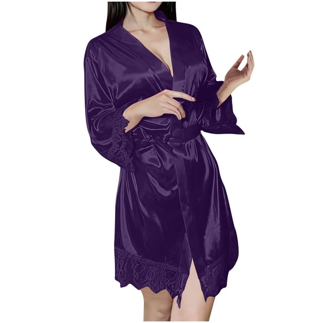 Birdeem Robes pour Femmes Femmes Couleur Unie Bretelles à Nouer Goût Glace Lamelles Mode Aguichant Peignoir Robe