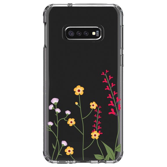 DistinctInk Clear Shockproof Hybrid Case for Samsung Galaxy S10e (5.8" Screen) - TPU Bumper Acrylic Back Tempered Glass Screen Protector - Wildflowers Yellow Pink Purple