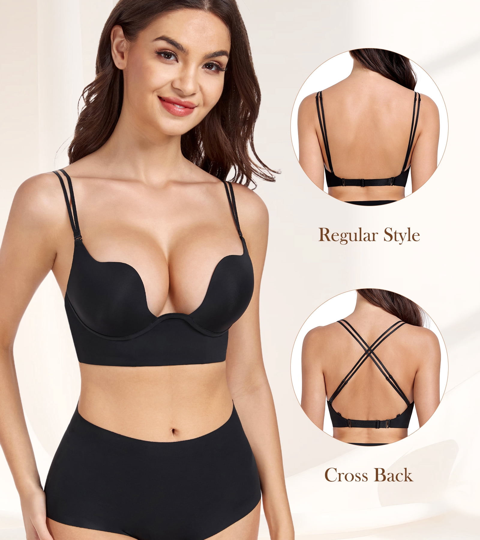 Exerin Women's Plunge Backless Bra Underwire Push Up Padded Multiway Low Back Bras(34A,Black)