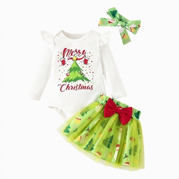 Xyant Baby Girl Christmas Outfit Ruffle Long Sleeve Romper Tutu Skirt Headband Set My First Christmas Baby Girl Outfits,Size 6-12 Months