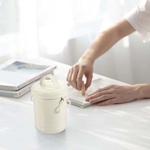 RENACLIPY Small White Iron Desk Trash Can with Lid, Compact Modern Waste Bin for Office, Home, and Workspace Use