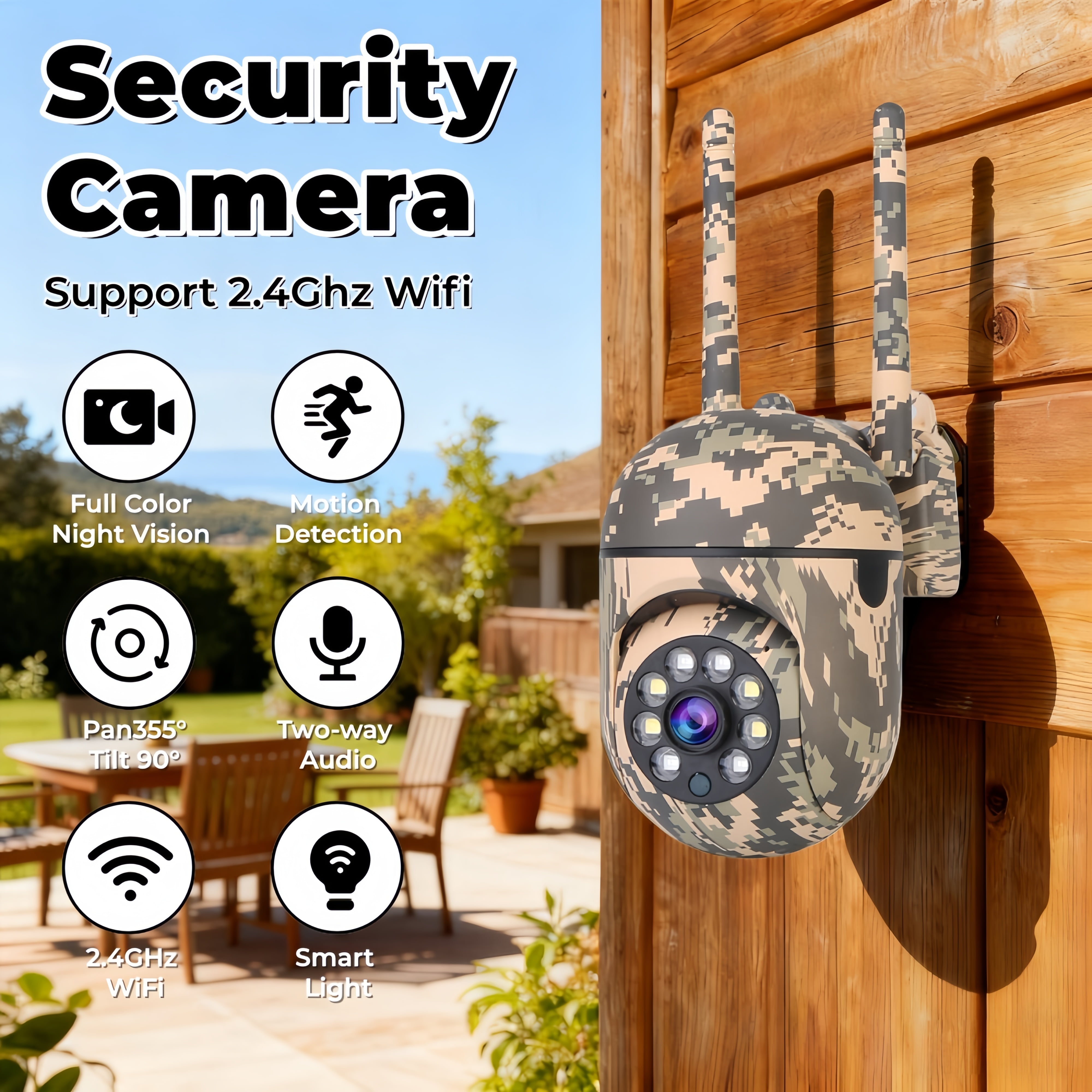 Outdoor Camouflage PTZ Security Camera, 1080P Full-Color Night Vision, Dual Antenna 2.4G WiFi, Motion Detection, Two-Way Audio, Waterproof Surveillance Camera.