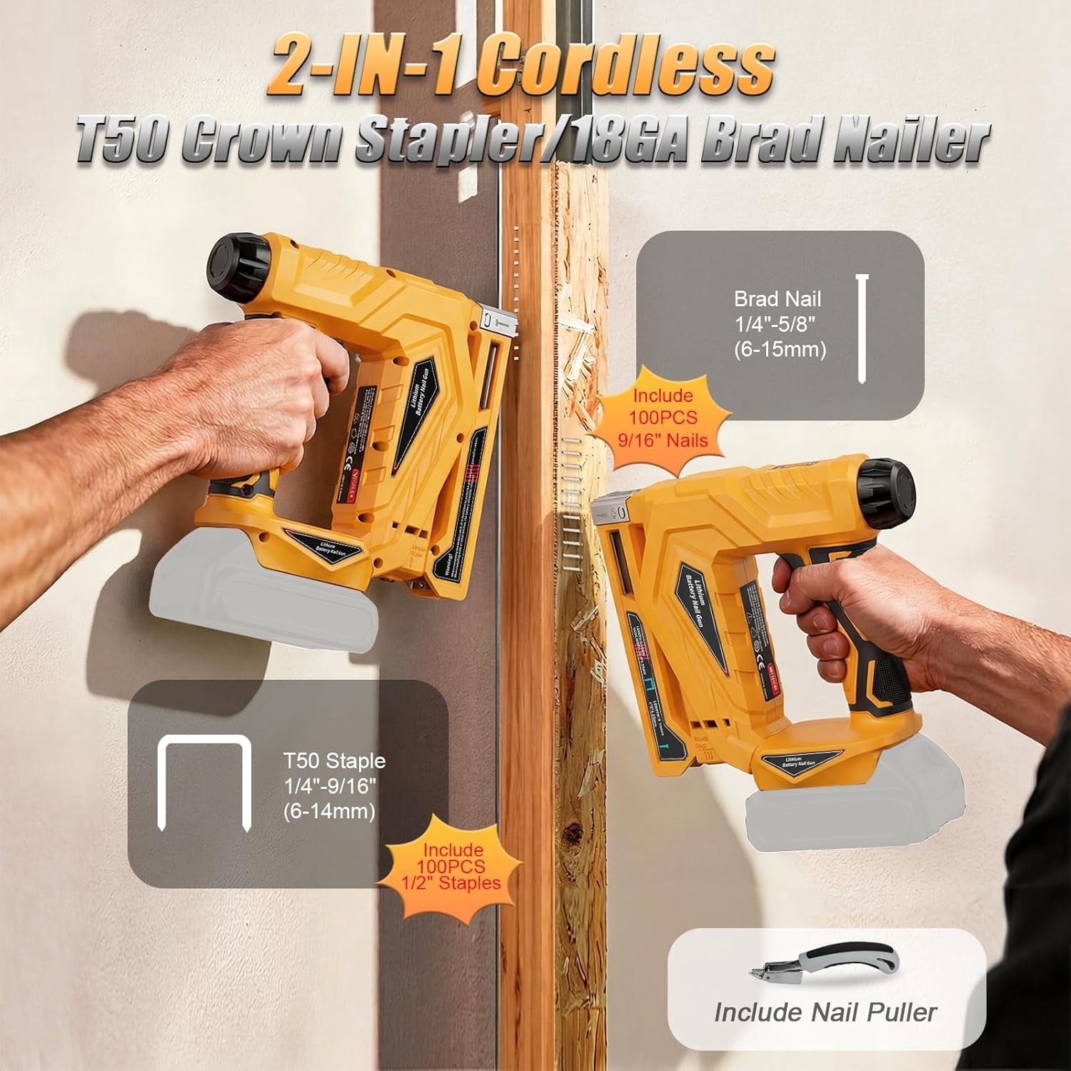 Cordless Brad Nailer & Narrow Crown Stapler 2-in-1 – LED Light, Safety Pin, Compatible with Dewalt 20V MAX Battery Battery Powered Nail Gun for DIY & Woodworking (Tool Only)