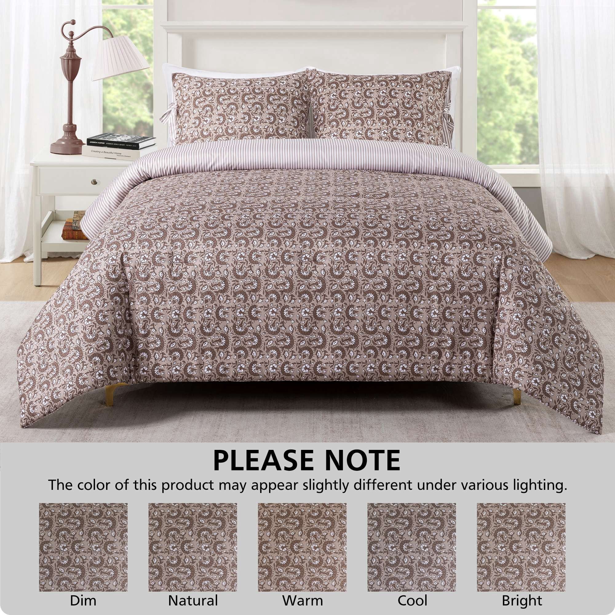 Mainstays Full/Queen Reversible Comforter Set, 3-Piece, All-Season, Tan Floral