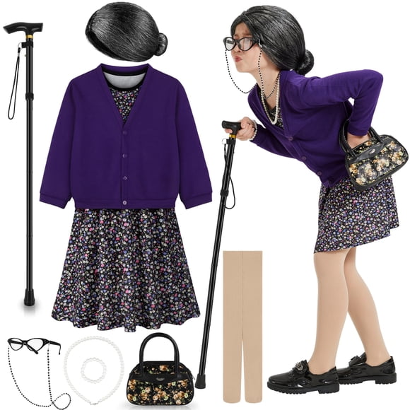 Disfraz de abuelita para niños Gnodio, vestido morado, 8-10 años