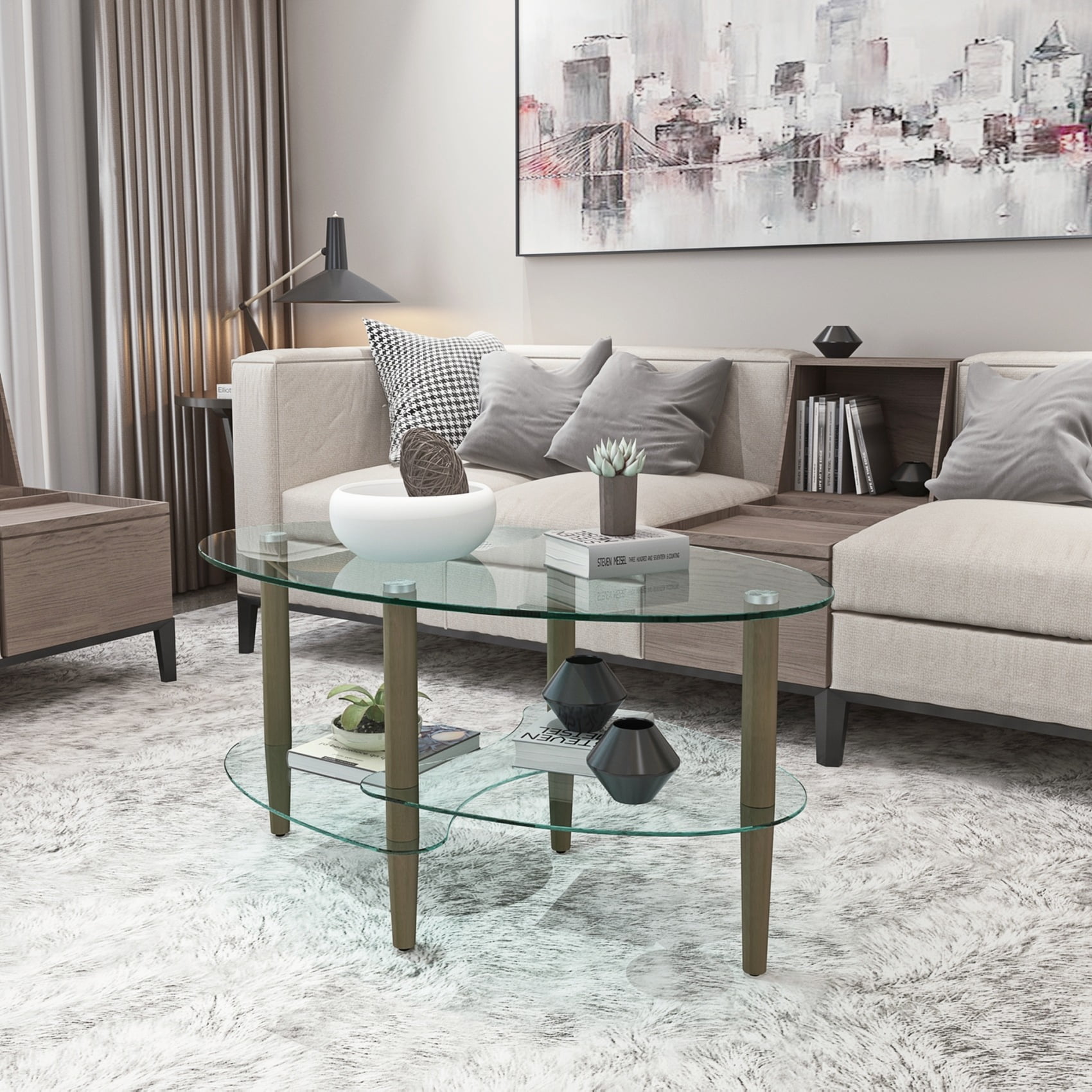 Glass Coffee Table, Modern Multi-Function 3-Layer Oval Tea Table with Wood Legs, Tempered Glass Small Coffee Table for Living Room, Bedroom, Brown
