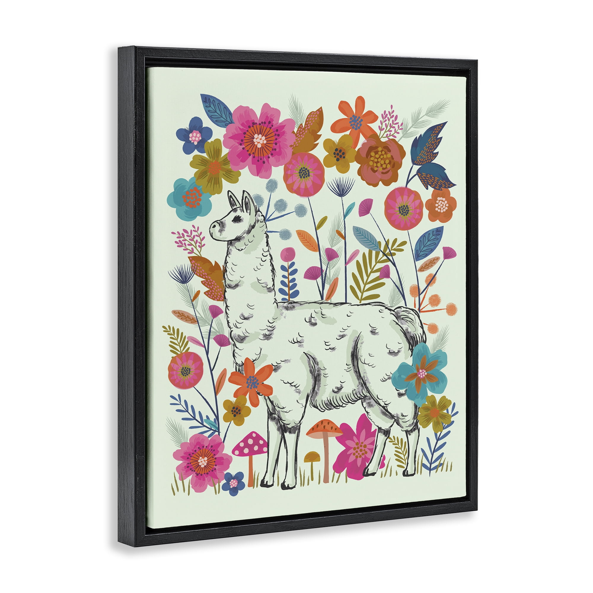 Stupell Industries Llama Among Bright Florals Animals Painting Black Floater Framed Canvas Art Print Wall Art, 17 x 21