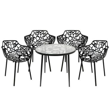 29 x 31 x 31 in. Devon Mid-Century Modern 5 Piece Aluminum Outdoor Patio Dining Set with Tempered Glass Top Table & 4 Stackable Flower Design Arm Chair, Black