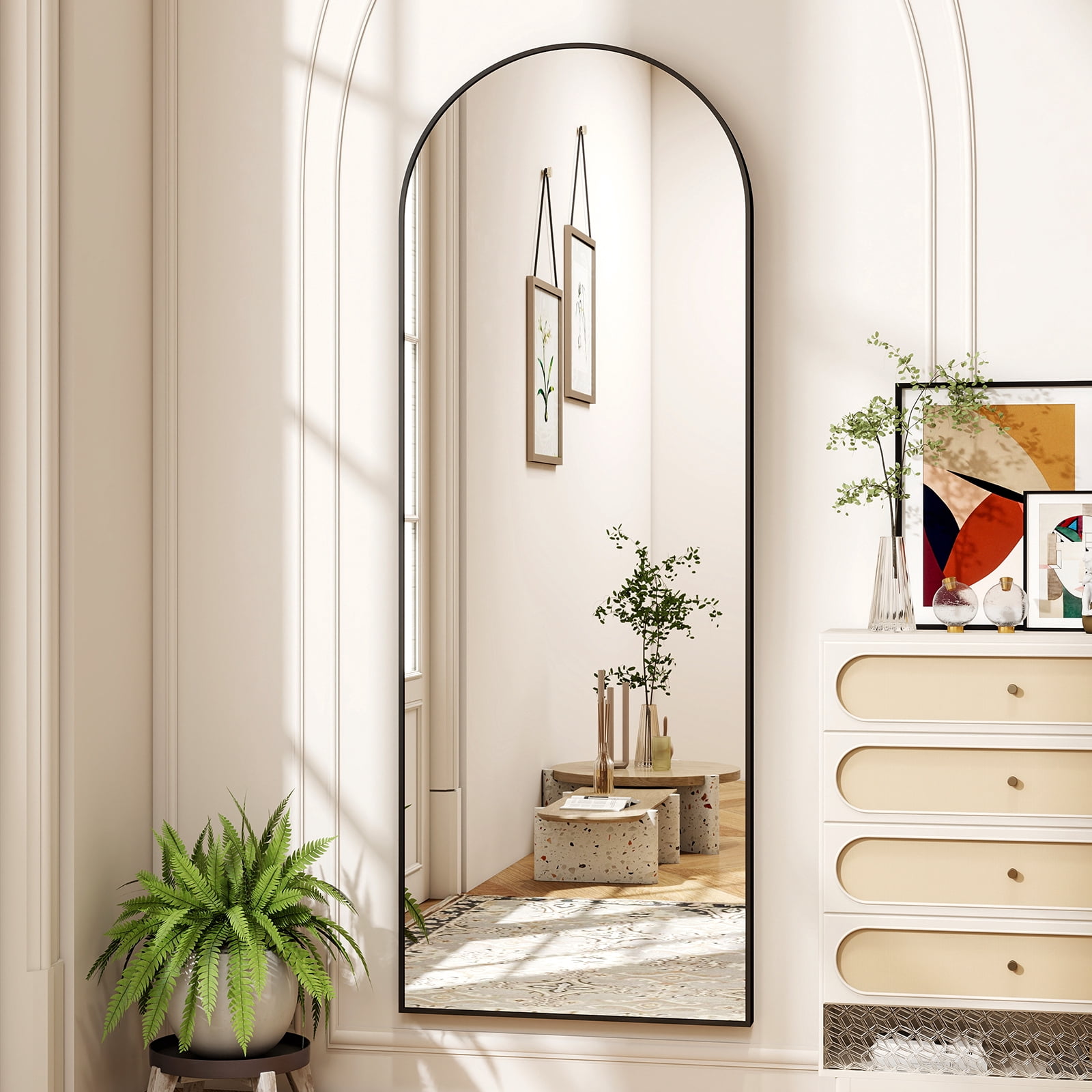 AUROMIR 59"x16" Arched Full Length Mirror Floor Mirror Full Body Standing Mirror, Black