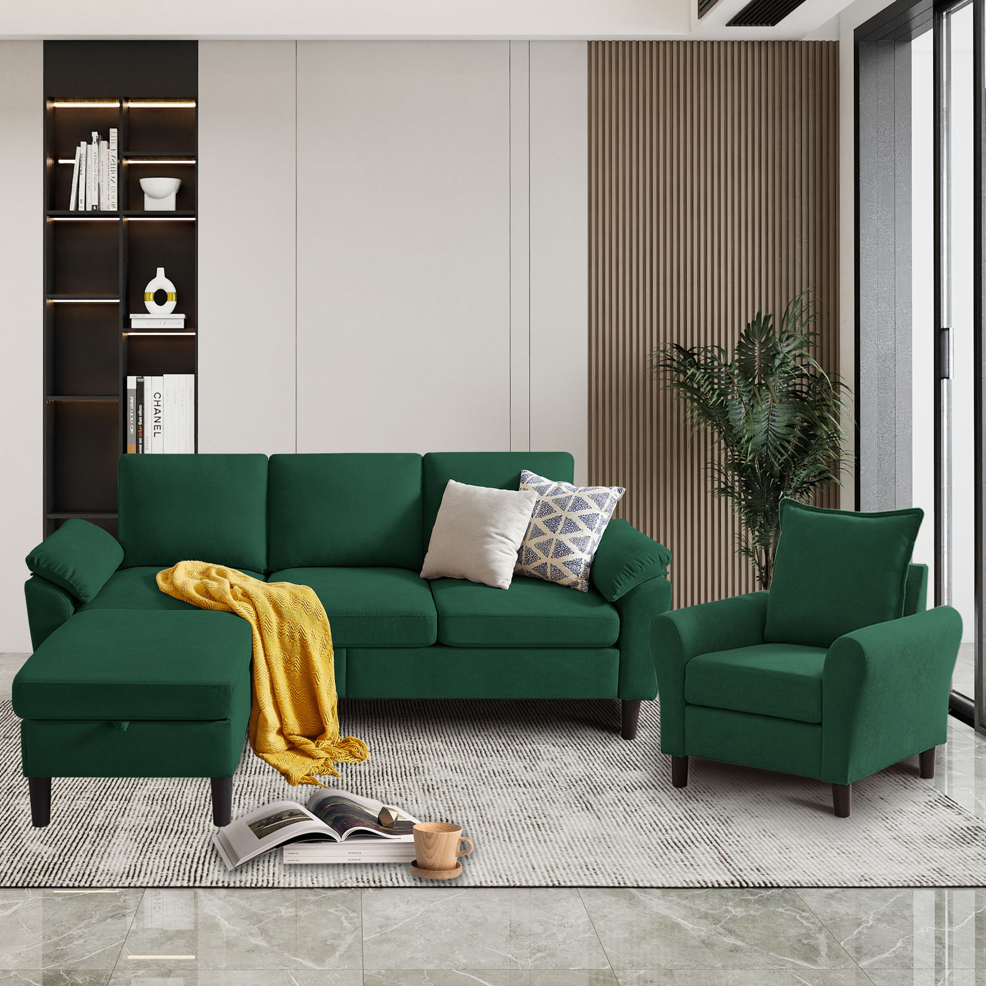 79" Convertible Sectional Sofa Set, Modern Linen Small L Shaped Couch with Reversible Chaise and Loveseat Sofa, 3-Seat Sofa Couches for Living Room, Office, Apartment, GREEN
