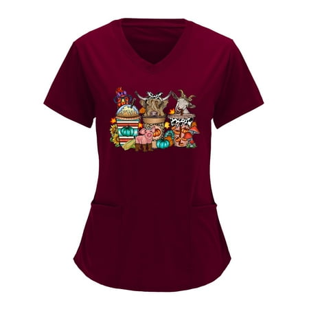 

Scrubs For Women Tops Plus Size Print Short Sleeve V Neck Solid Shirts Blouse With Pocket Women s Working Uniform Nursing