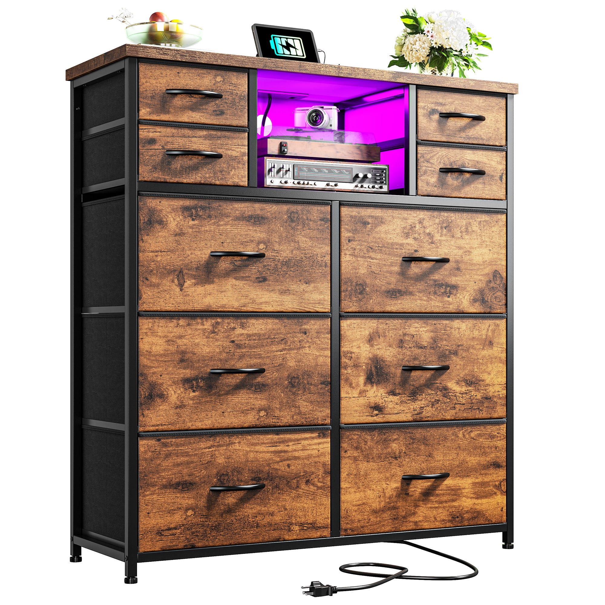 Romorgniz Tall Dresser for Bedroom with 10 Drawers Featuring LED Lights & Power Outlet Fabric Dressers & Chest of Drawers with Open Shelves, Rustic Brown