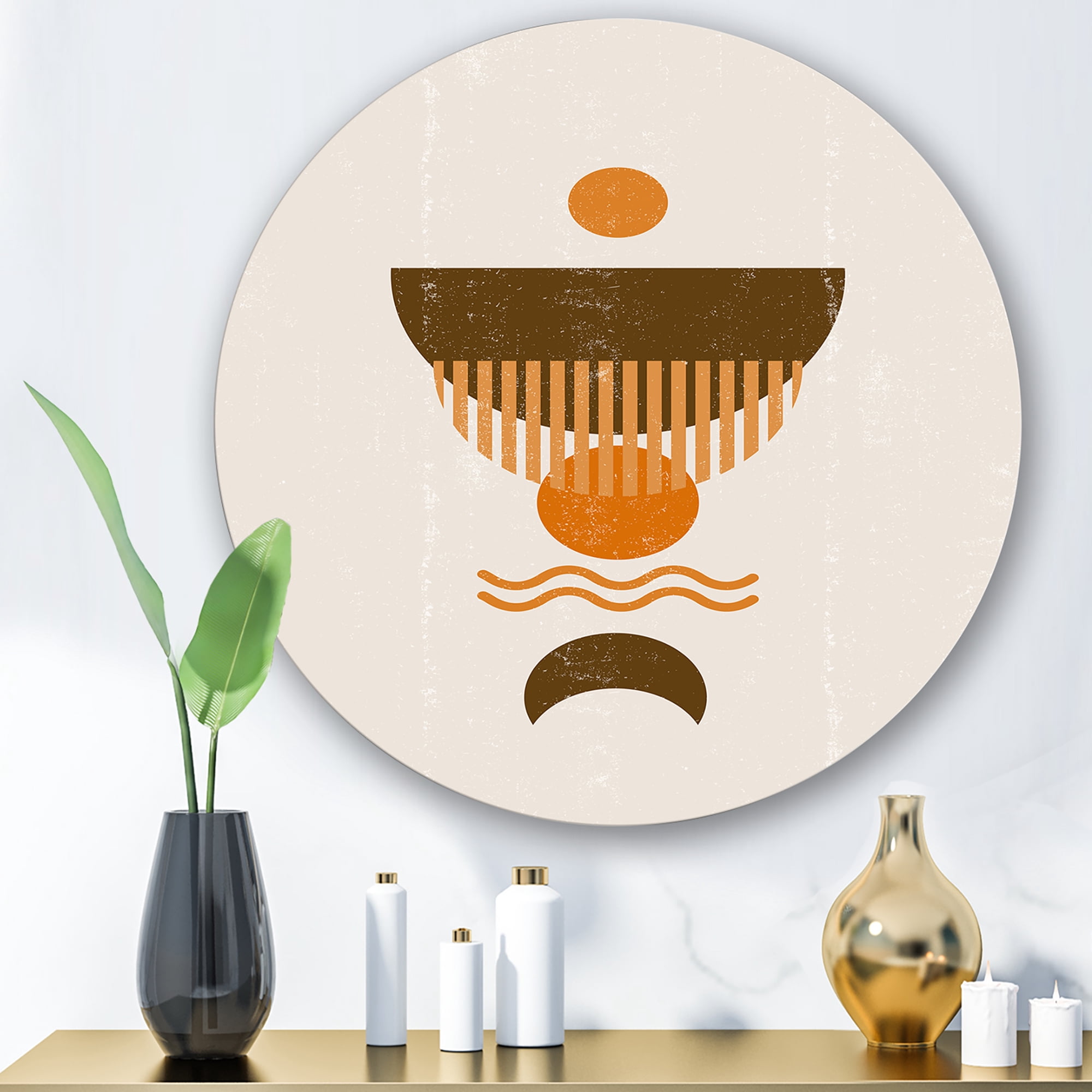 Designart 'Abstract Minimal Brown Moon and Orange Sun' Modern Circle Metal Wall Art 11x11 - Disc of 11