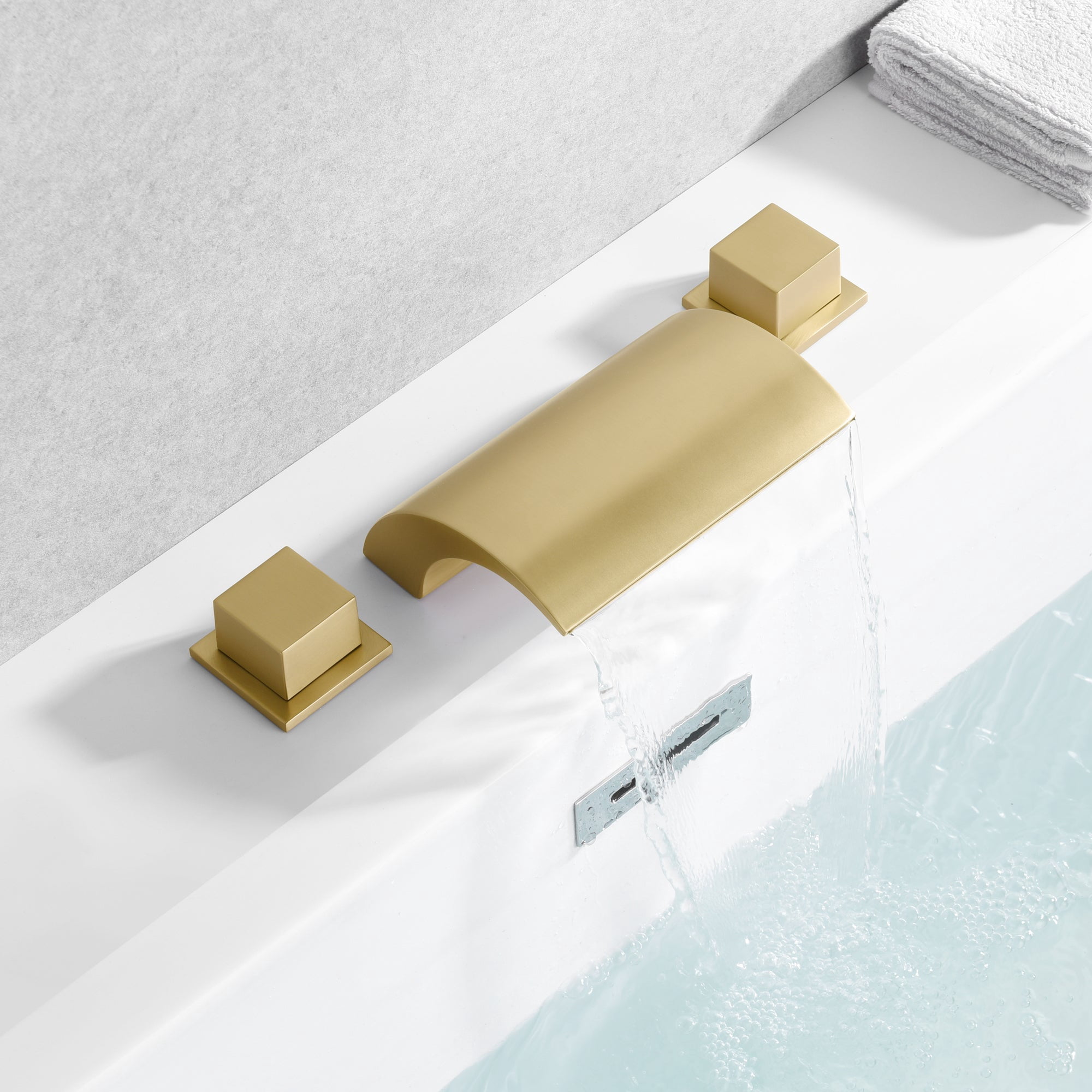 Sumerain Roman Tub Faucet with Waterfall Spout, 3-Hole Deck Mount High Flow Bath Tub Filler, Brushed Gold Finish