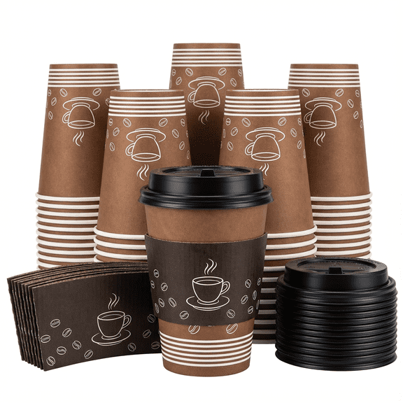 16 oz Paper Coffee Cups, Disposable Paper Coffee Cup with Lids, Sleeves, and Stirrers, Hot/Cold Beverage Drinking Cup for Water, Juice, Coffee or Tea, Suitable for Home, Shops and Cafes