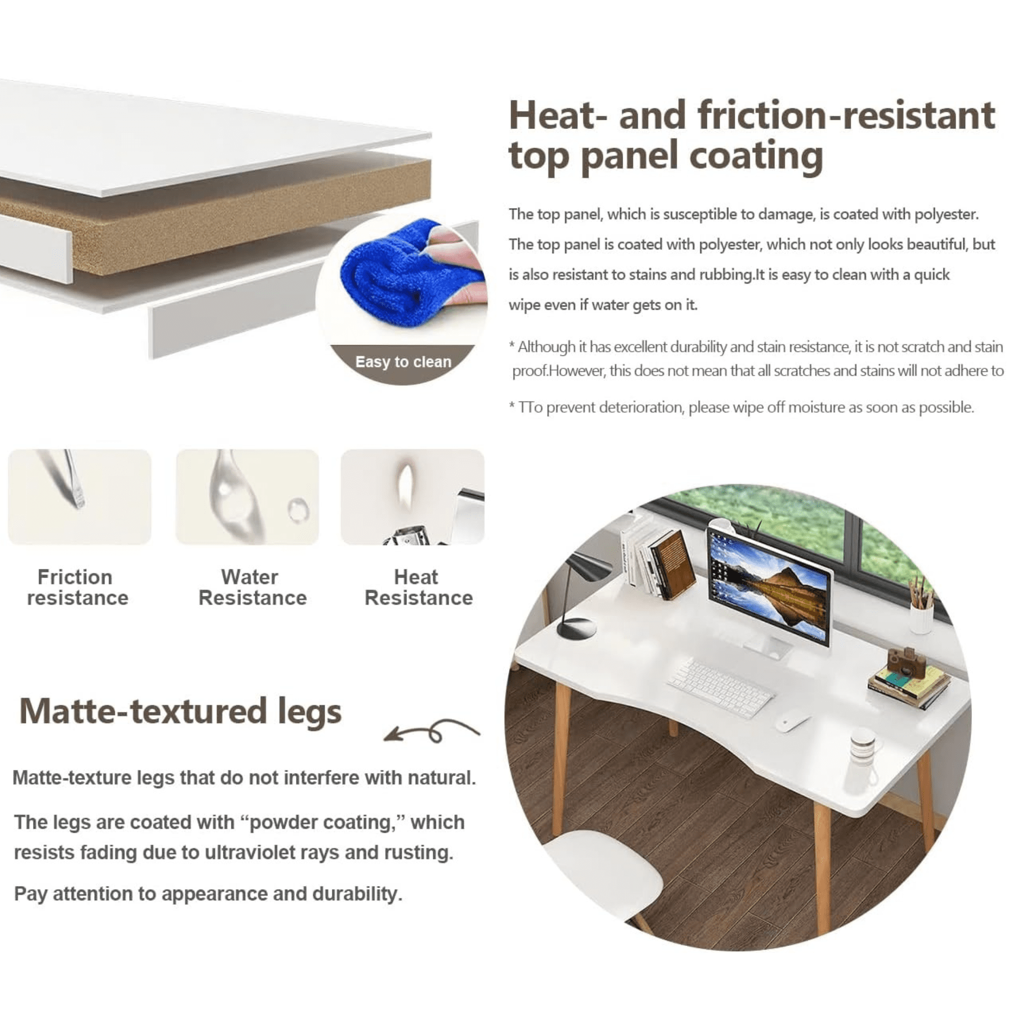 SRIAA Modern White Wooden Computer Table, 40" L x 20" W x 30" H inches – Durable and Stylish Desk for Home Office, Bedroom, or Study