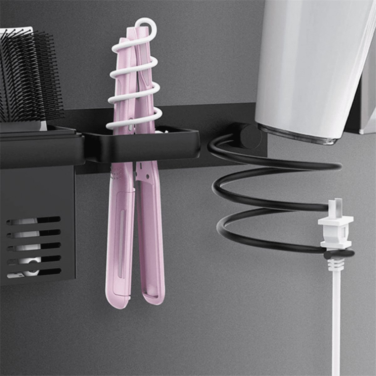 Hair Dryer Holder Wall Mounted Hair Straightener Holder with 2 Storage Cups Multi Functional Space Saving Hair Dryer Box
