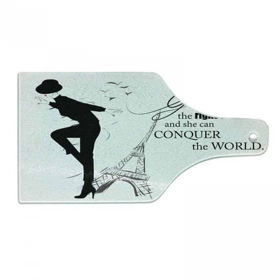 Teen Room Cutting Board, Dancing Masculine Fashion Woman by Eiffel Tower and Words Print, Decorative Tempered Glass Cutting and Serving Board, Wine Bottle Shape, Black White, by Ambesonne