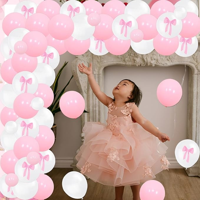 72PCS Pink Bow Princess 1st Birthday Decoration - Bow Garland Arch Kit Our Sweet Little Girl Is Turning One Backdrop Pink Bow Number 1 Foil Balloon for Baby Princess Girl 1st Birthday Party Supplies