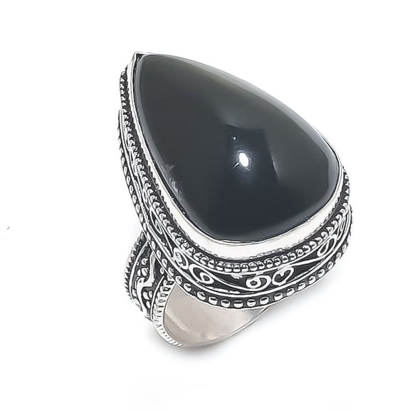Natural Black Onyx Gemstone 925 Sterling Silver Jewelry Ring Size 7.5