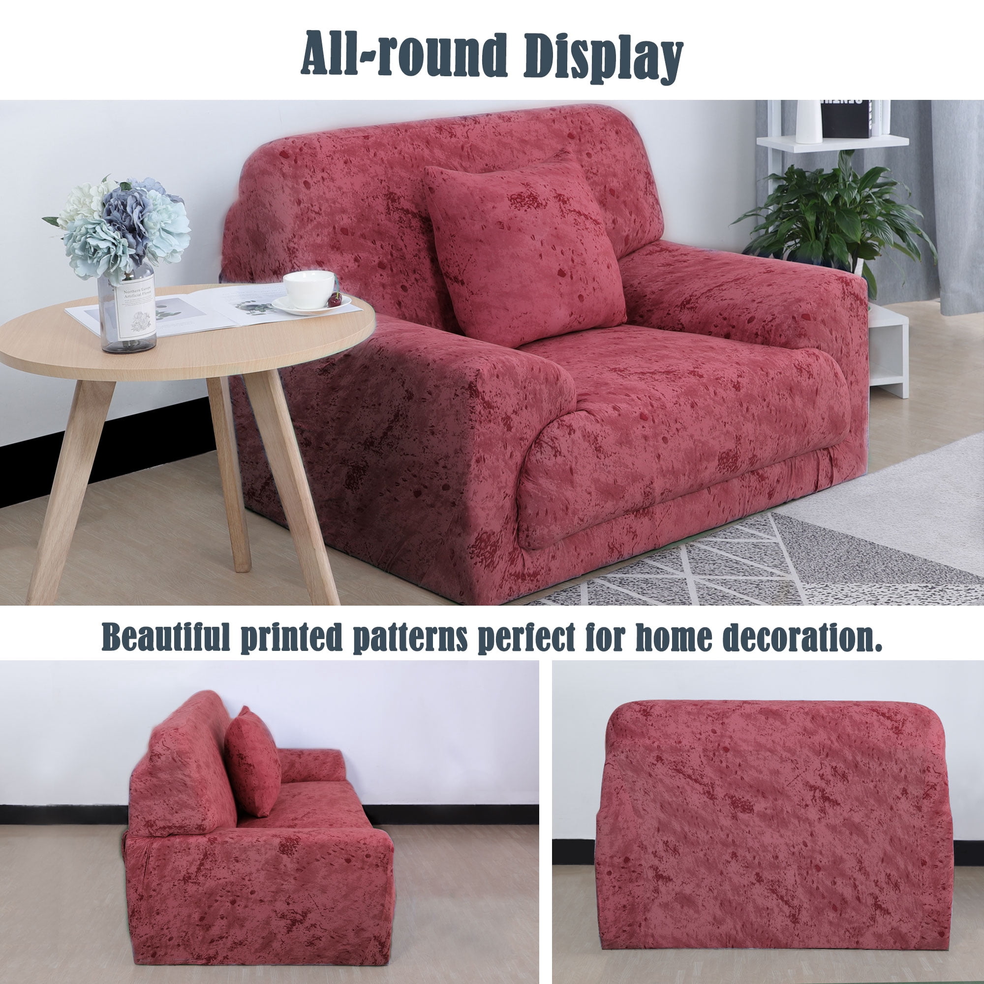 PiccoCasa 1 Seater Sofa Slipcover Ink Painting Printed Couch Cover, 35"-51", Wine Red
