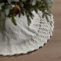 Christmas Knitted Tree Skirt 36in Red White Polyester Apron Cable Knit Ties Soft Strong Reusable Daily Winter Festive Cushion for Home Shop Restaurant Holiday Decor